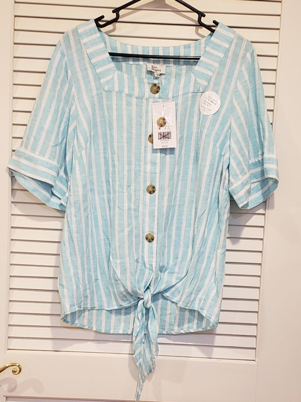 kim rogers women's summer elbow sleeve tie front striped shirt size small.